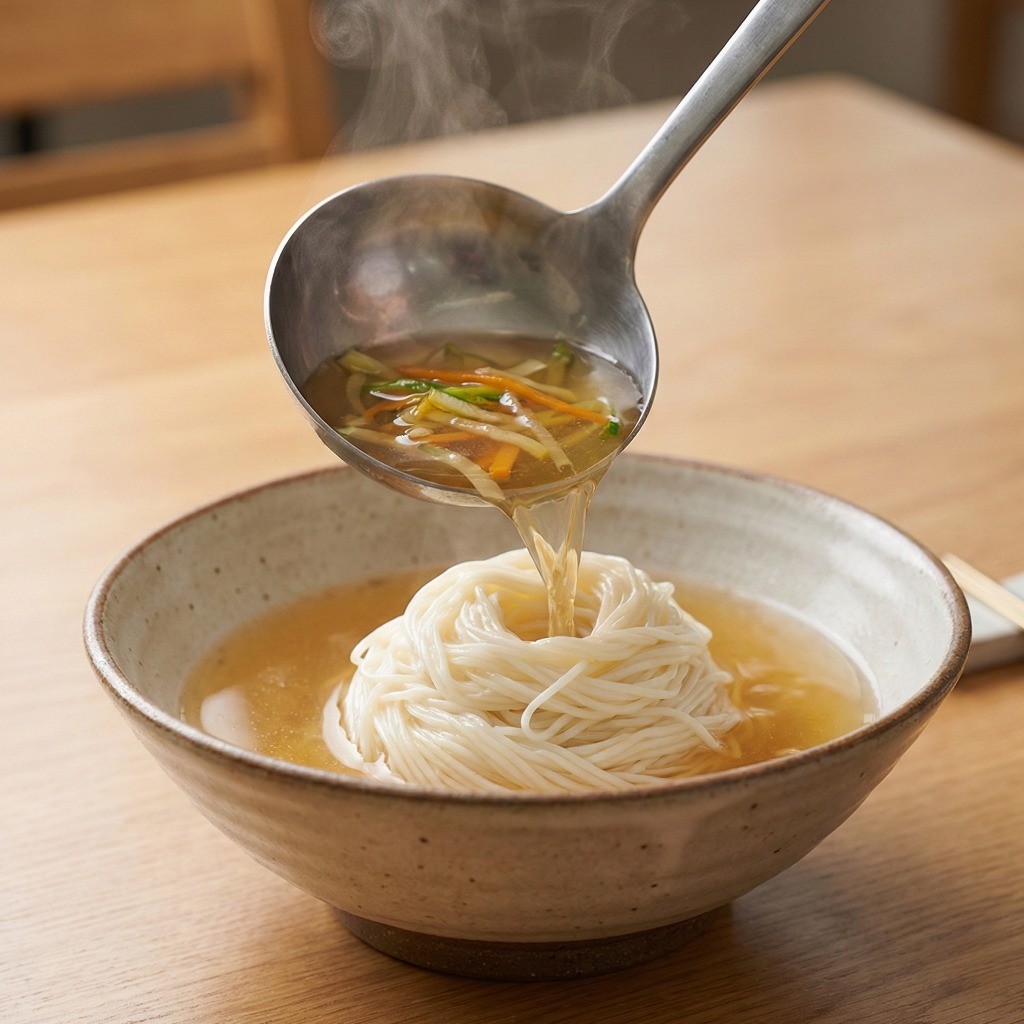 초간단 잔치국수 완성 - 그릇에 담아 양념장 올린 모습