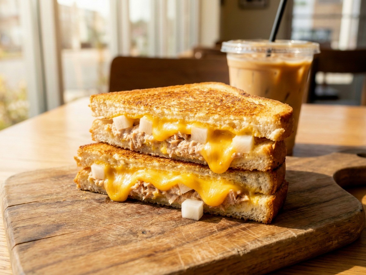 백종원 참치 멜트 토스트 완성 사진, 치킨무와 참치마요가 듬뿍 들어간 샌드위치 단면