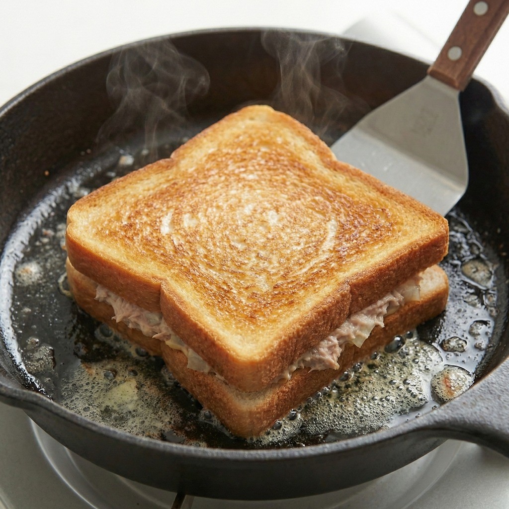 버터 두른 팬에 식빵 굽기, 약불에서 치즈 녹이는 과정