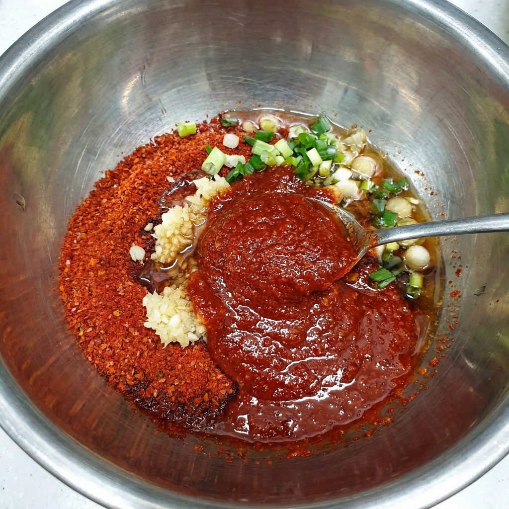 겉절이 양념장 재료인 대파, 고춧가루, 액젓, 간 마늘을 볼에 담은 모습