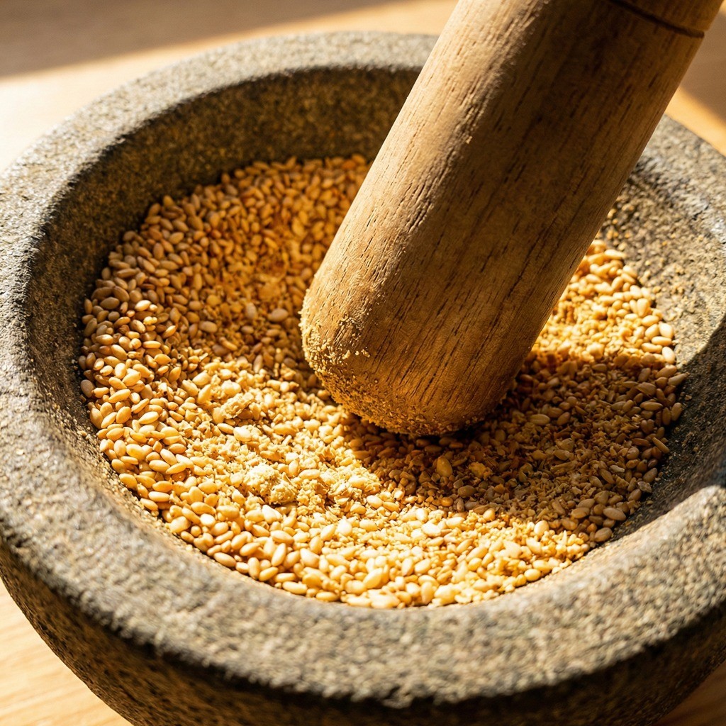 고소한 풍미를 위한 통깨를 절구에 갈아 겉절이 양념장에 섞는 과정