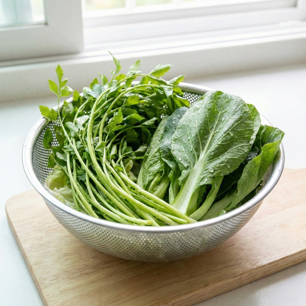 깨끗이 씻어 물기를 제거하고 먹기 좋게 손질한 미나리와 봄동