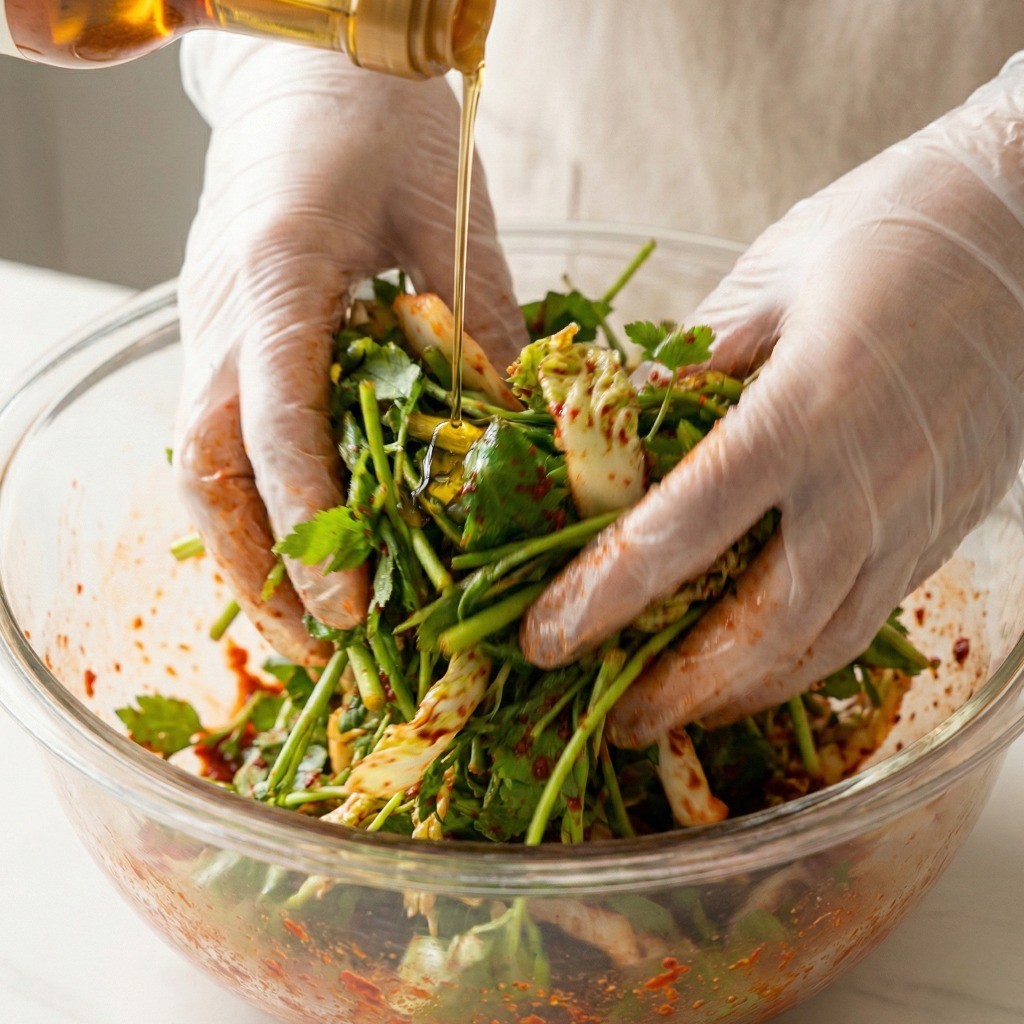 손질한 봄나물에 참기름과 만능 양념장을 넣고 가볍게 버무리는 겉절이 조리 과정
