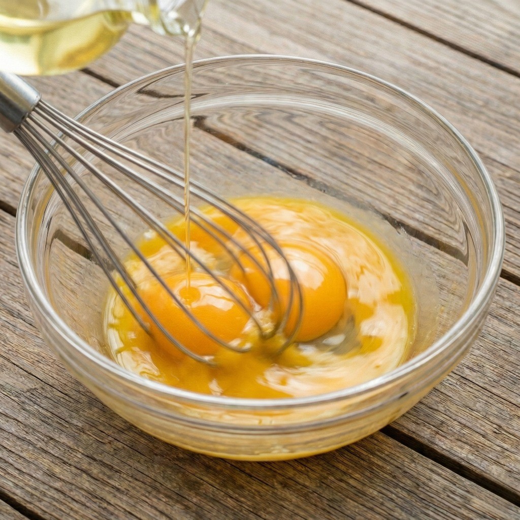 달걀 노른자에 식용유를 조금씩 넣고 거품기로 유화시키는 과정