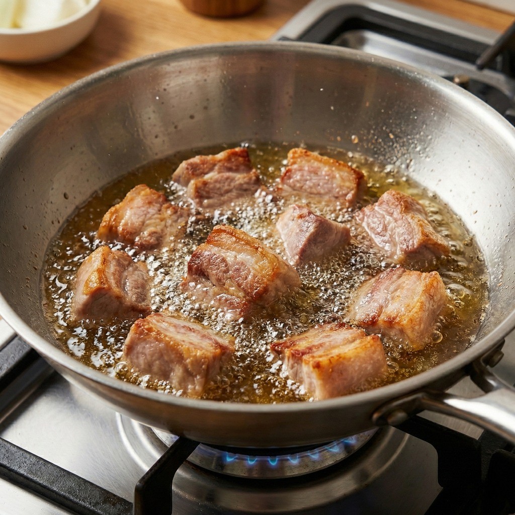 백종원 카레 비법: 식용유에 돼지 뒷다리살 노릇하게 튀기듯 볶기