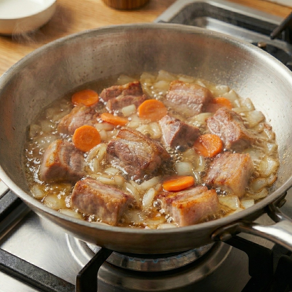 뒷다리살 부드럽게 만들기: 물 붓고 30분간 푹 끓이는 과정