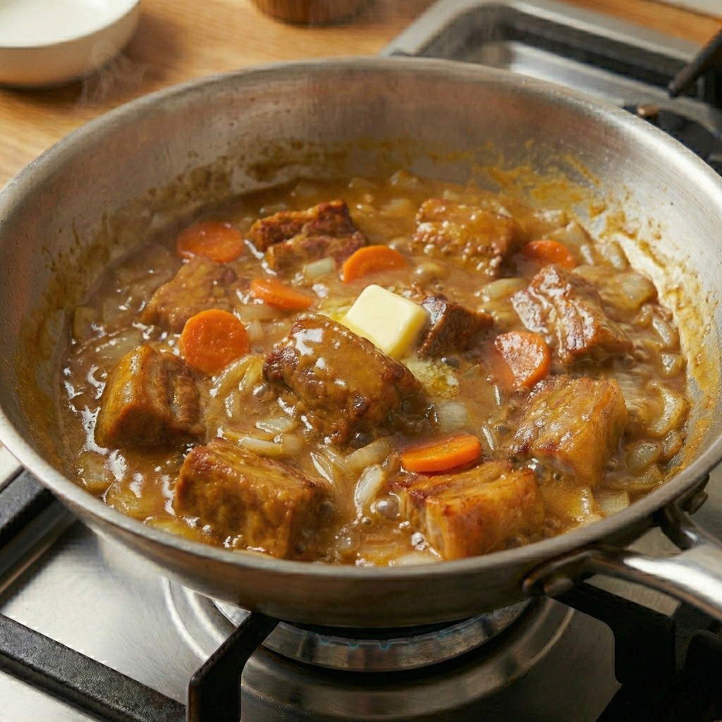 백종원 뒷다리살 카레 레시피 완성: 카레루 풀고 버터로 마무리