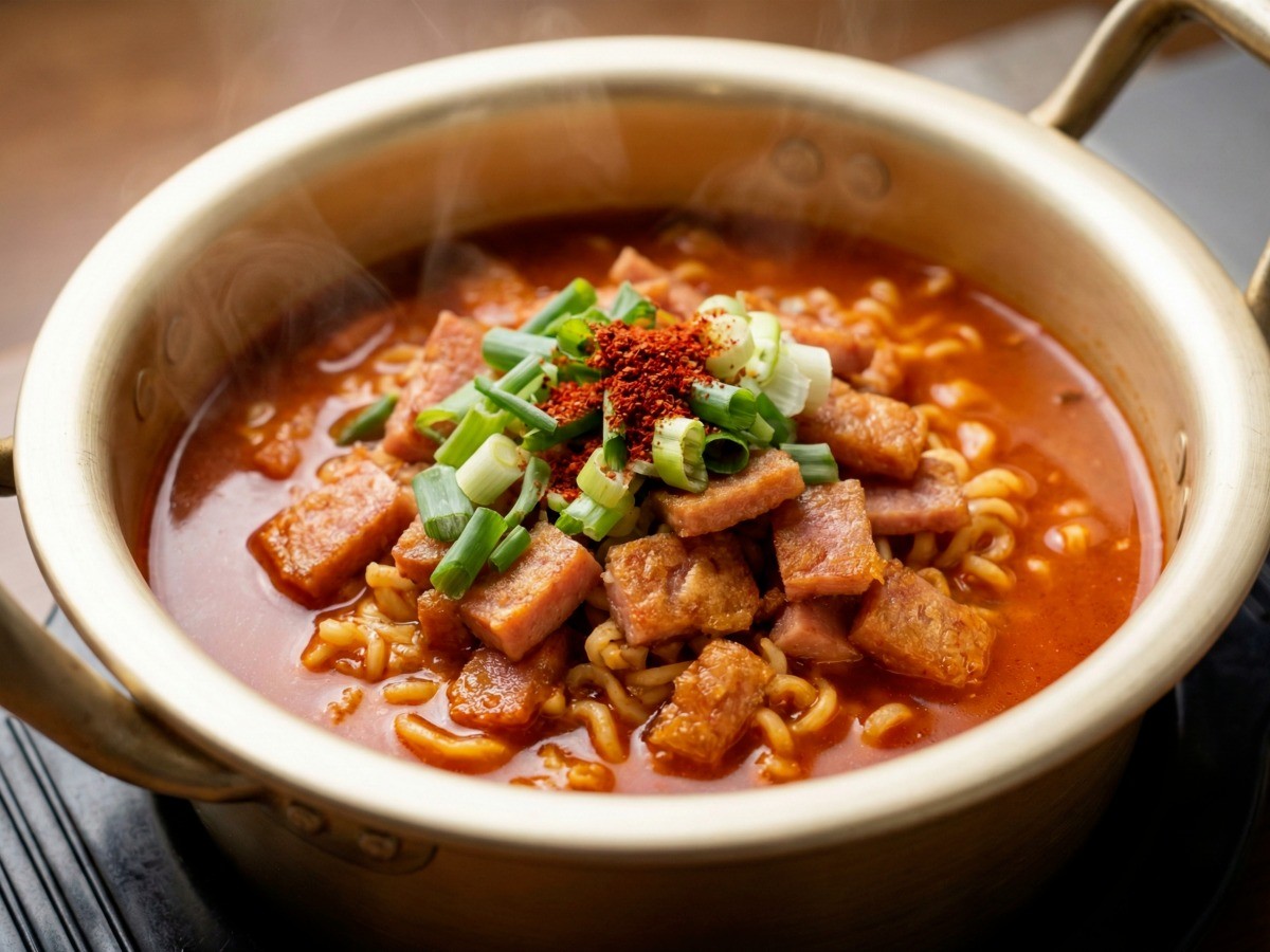 백종원 햄라면 완성: 으깬 햄과 파가 듬뿍 들어간 얼큰한 부대찌개 스타일 라면