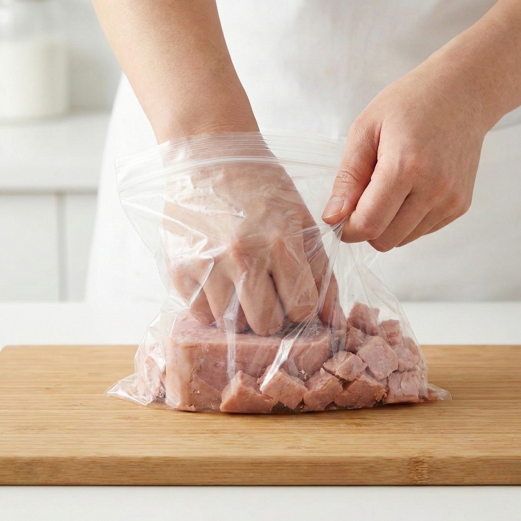 백종원 햄라면 재료 손질: 비닐봉지 안에서 통조림 햄을 손으로 으깨는 과정