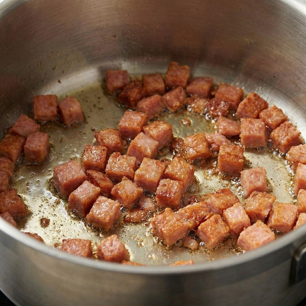 부대찌개 맛의 핵심: 냄비에 으깬 햄을 넣고 노릇하게 볶아 햄기름을 내는 과정