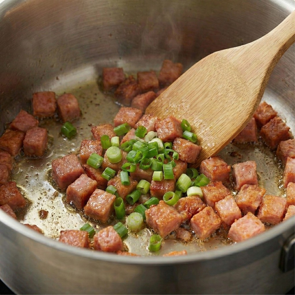 파기름 만들기: 볶은 햄에서 나온 기름에 대파를 넣고 함께 볶아 풍미를 더하는 모습