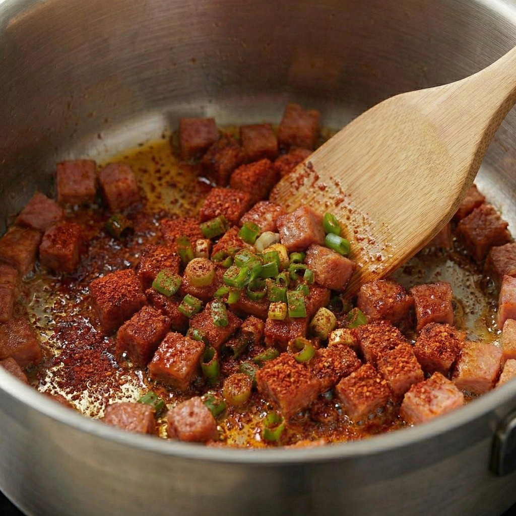 고추기름 내기: 햄과 대파에 고춧가루를 넣고 타지 않게 볶아 얼큰한 맛을 내는 단계