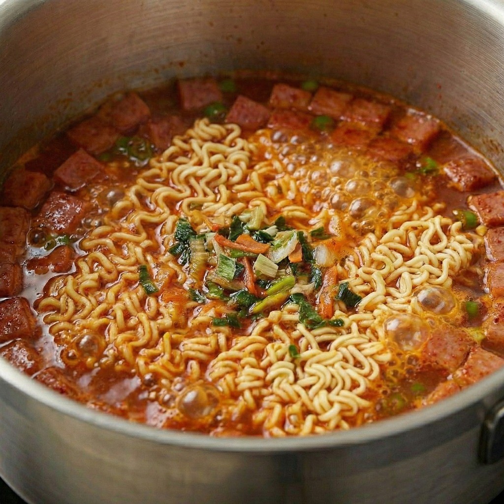 백종원 햄라면 끓이기: 완성된 고추기름 육수에 라면과 스프를 넣고 보글보글 끓이는 모습