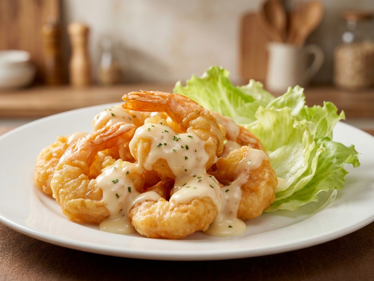 백종원 노크림 크림새우 완성 접시와 신선한 양상추 플레이팅