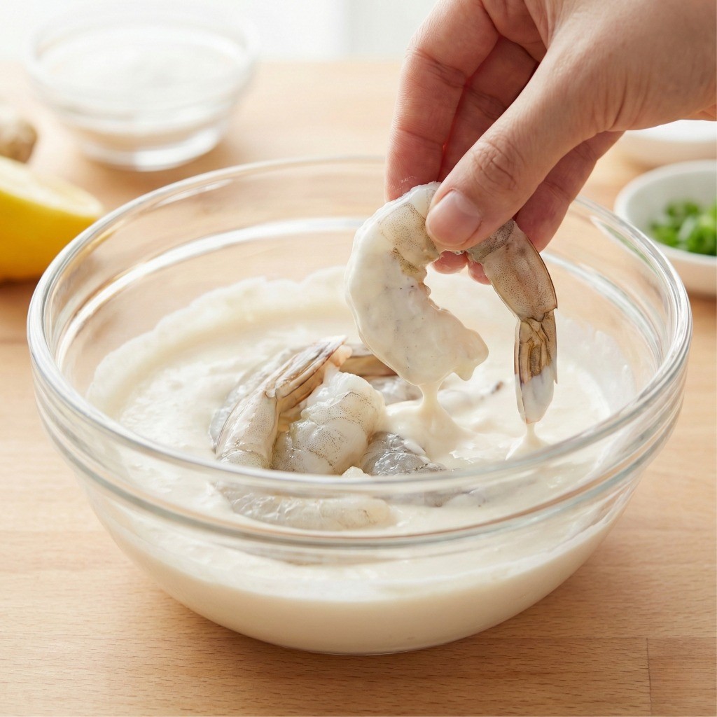 튀김가루 반죽물에 손질한 새우 튀김옷 입히는 과정