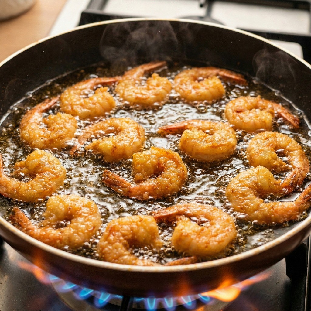 끓는 기름에 새우를 넣어 노릇하고 바삭하게 두 번 튀겨내는 모습