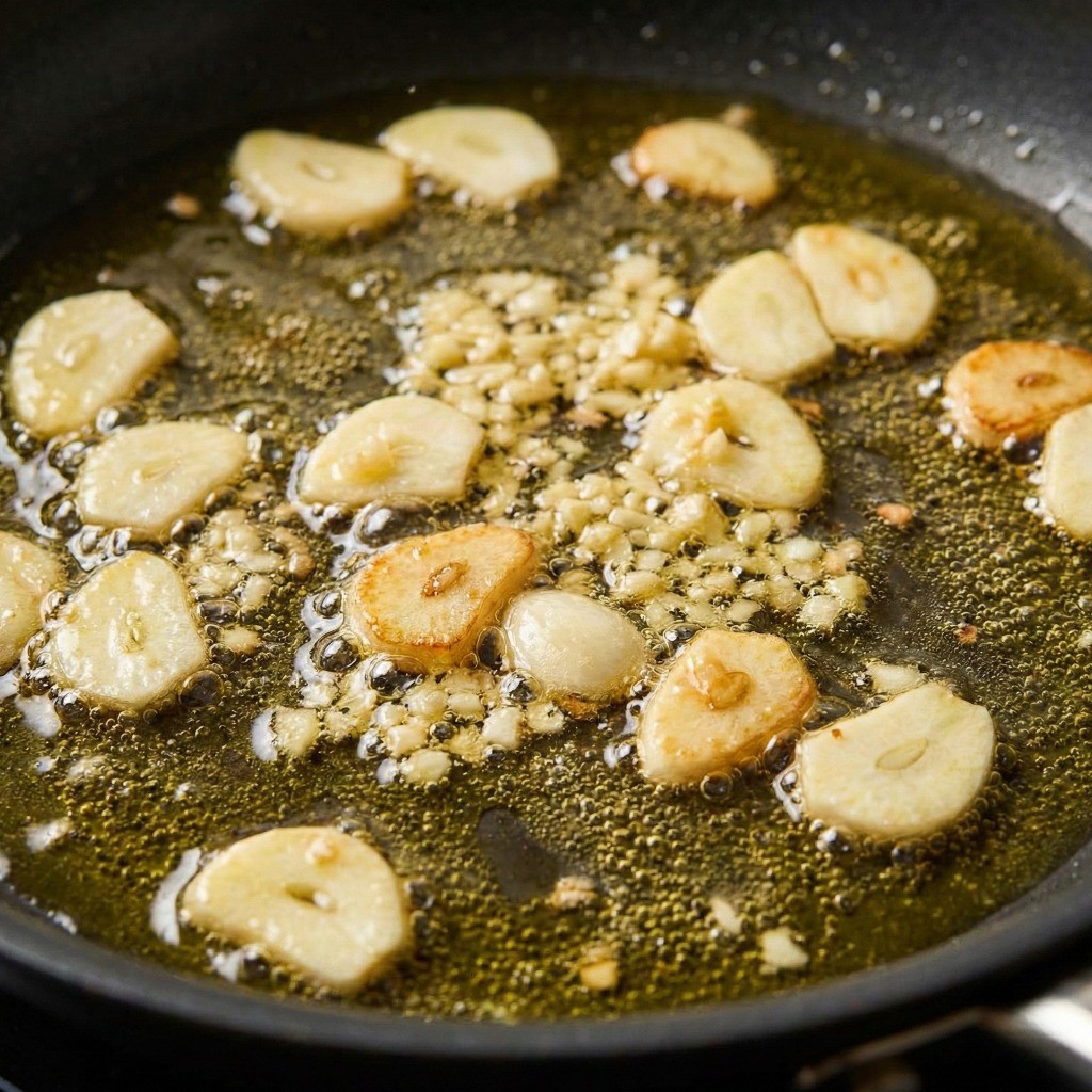 백종원 떡볶이 레시피: 올리브유에 편마늘과 다진 마늘 볶아 마늘 기름 내기