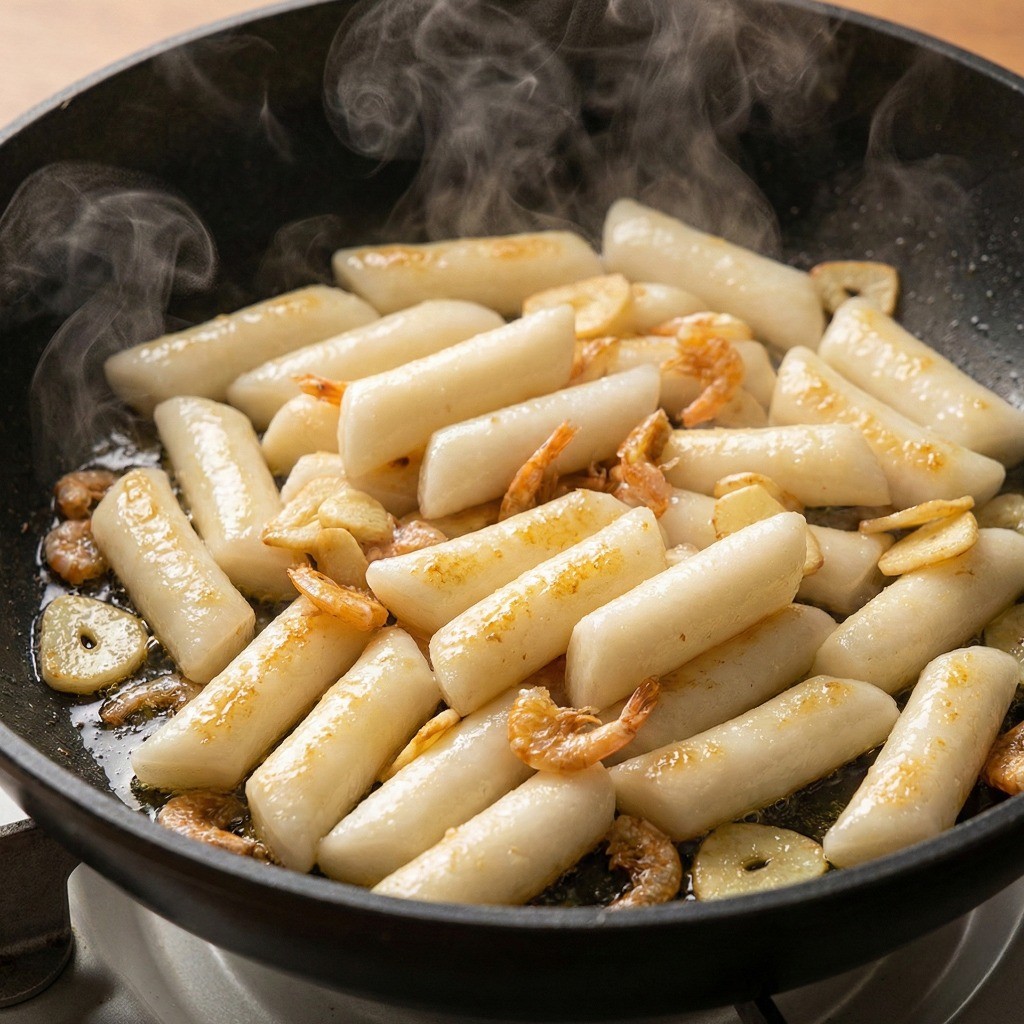 기름 떡볶이 조리 과정: 떡을 넣어 겉이 바삭해질 때까지 볶기