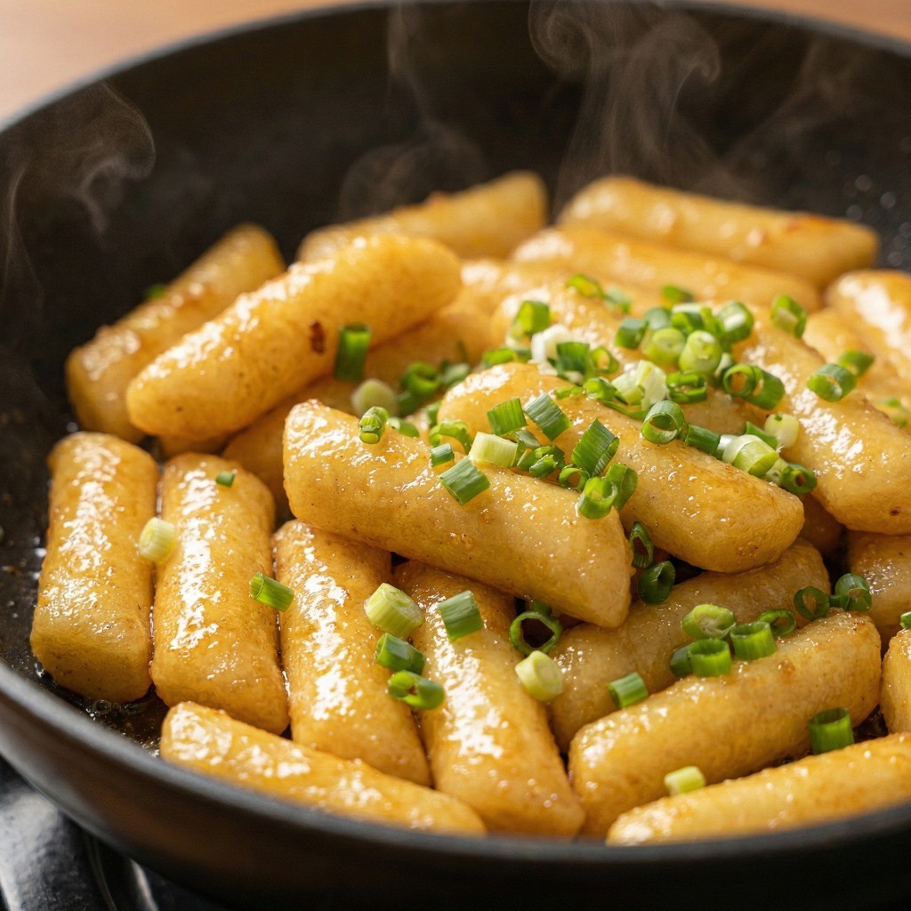 알리오올리오 떡볶이 마무리: 설탕 소금 간하고 쪽파로 장식하여 완성