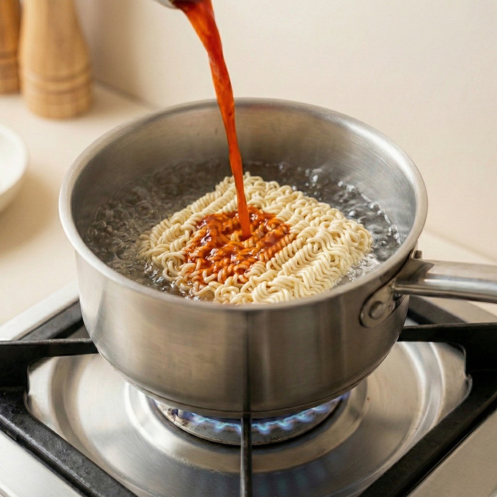 비빔면 맛있게 먹는 법: 끓는 물에 면과 액상 스프를 동시에 넣어 풍미를 살리는 조리 과정
