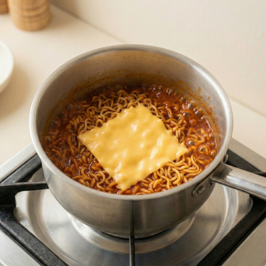 백종원 비빔면 마무리: 조리된 면 위에 체다 치즈 한 장을 올려 고소한 맛을 더하는 장면