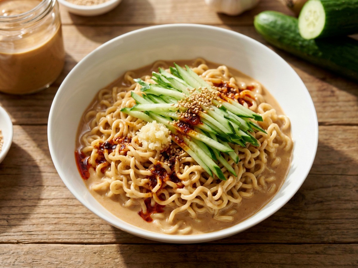 백종원 땅콩버터 비빔면 완성 사진, 고소한 땅콩 소스와 오이 고명이 올려진 초간단 별미 라면 요리