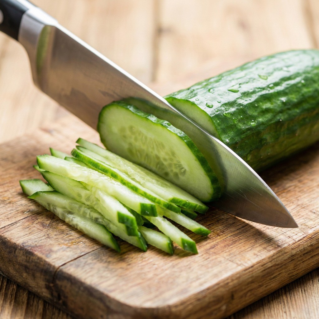 백종원 땅콩버터 비빔면 레시피 재료 손질, 오이를 얇게 채 써는 모습