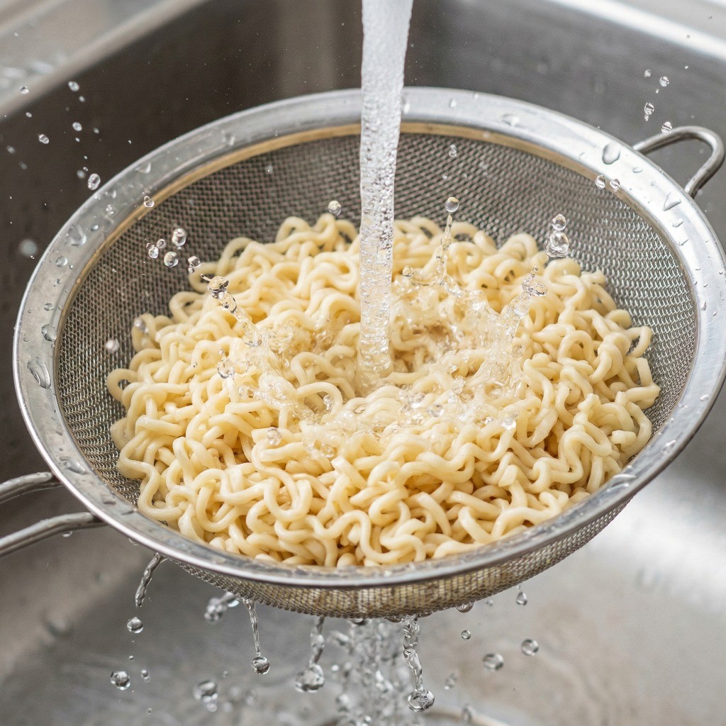 비빔면 면 삶기, 끓는 물에 라면 사리를 삶아 찬물에 헹궈 탱글하게 준비한 모습