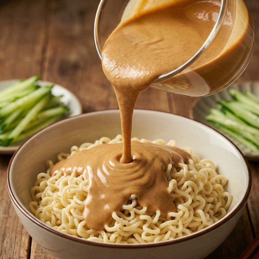 땅콩버터 비빔면 플레이팅, 삶은 면 위에 소스를 붓고 오이와 다진 마늘 고명을 올리는 과정