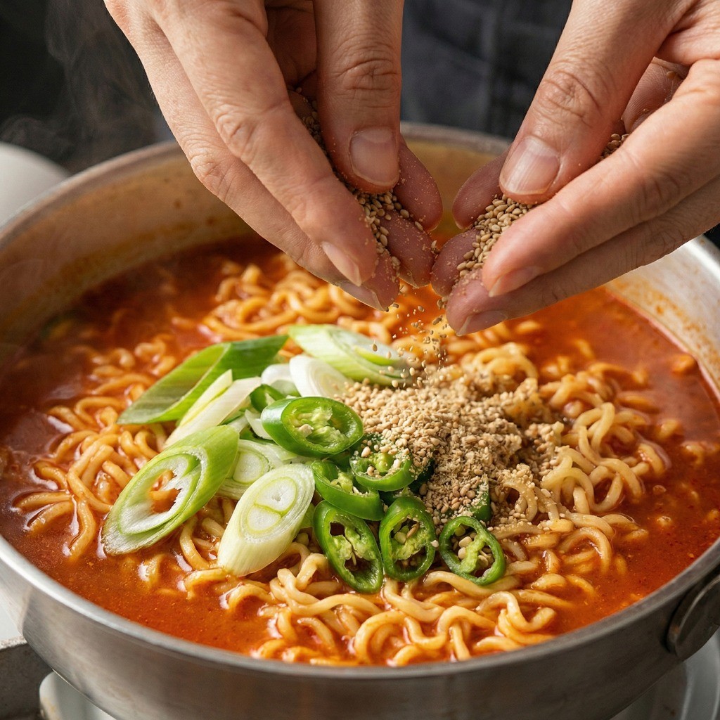 백종원 김치라면 비법: 대파, 청양고추와 함께 고소한 갈은 깨(깨소금) 듬뿍 넣기