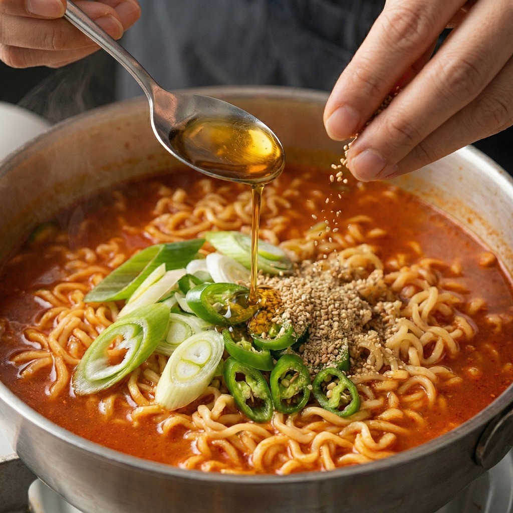 백종원 김치라면 마무리 꿀팁: 불 끄기 직전 참기름 한 스푼으로 고소한 풍미 더하기