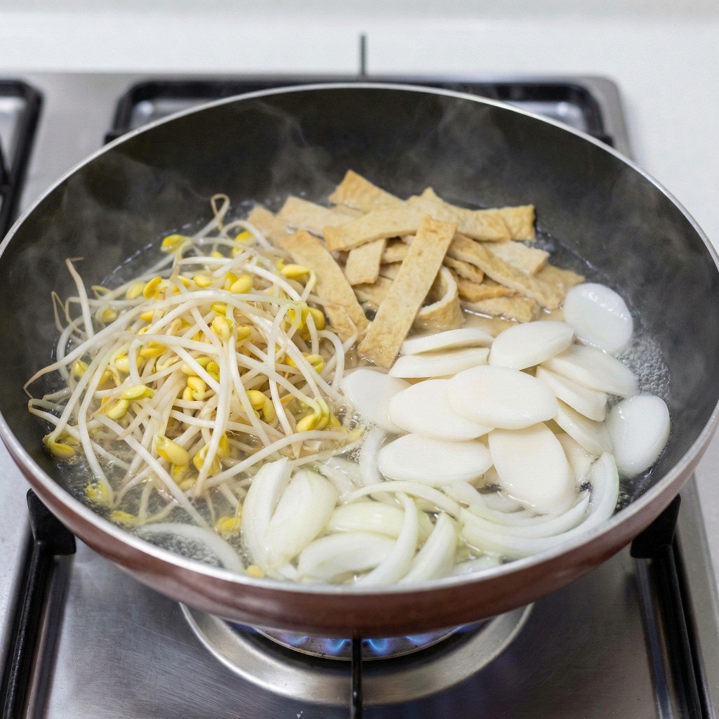 콩나물찜 조리 시작: 팬에 콩나물, 어묵, 떡, 물 넣고 끓이기