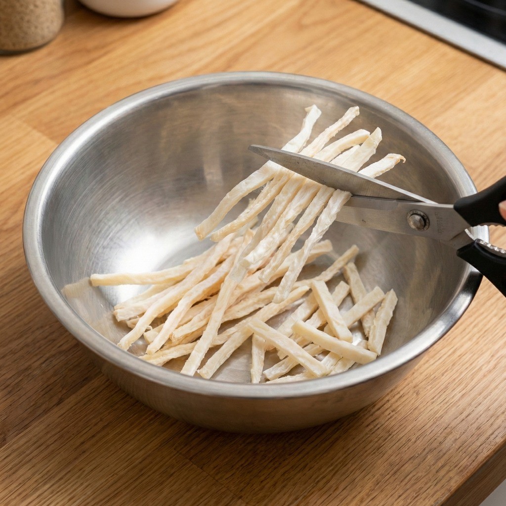 진미채 손질 - 가위로 먹기 좋은 크기로 자르는 요리 과정