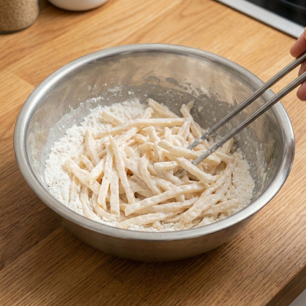 진미채전 반죽 만들기 - 부침가루와 물 1대1 황금비율로 섞는 모습