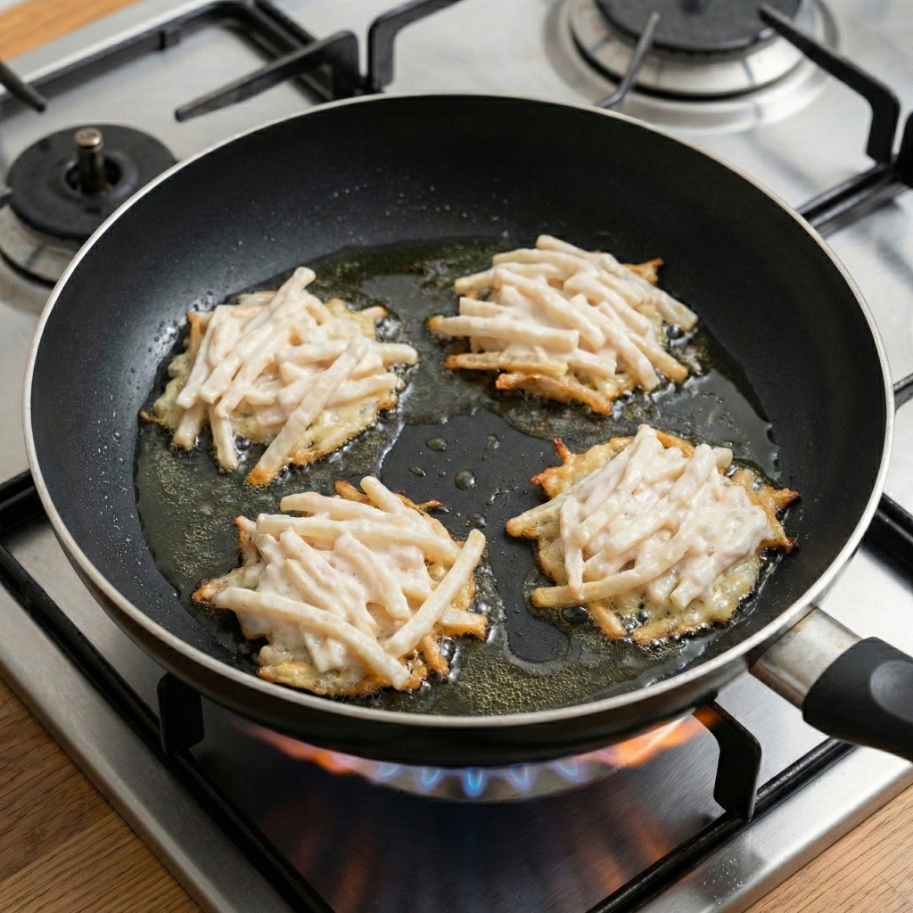 진미채전 굽기 - 프라이팬에 식용유를 넉넉히 두르고 튀기듯이 조리하는 모습