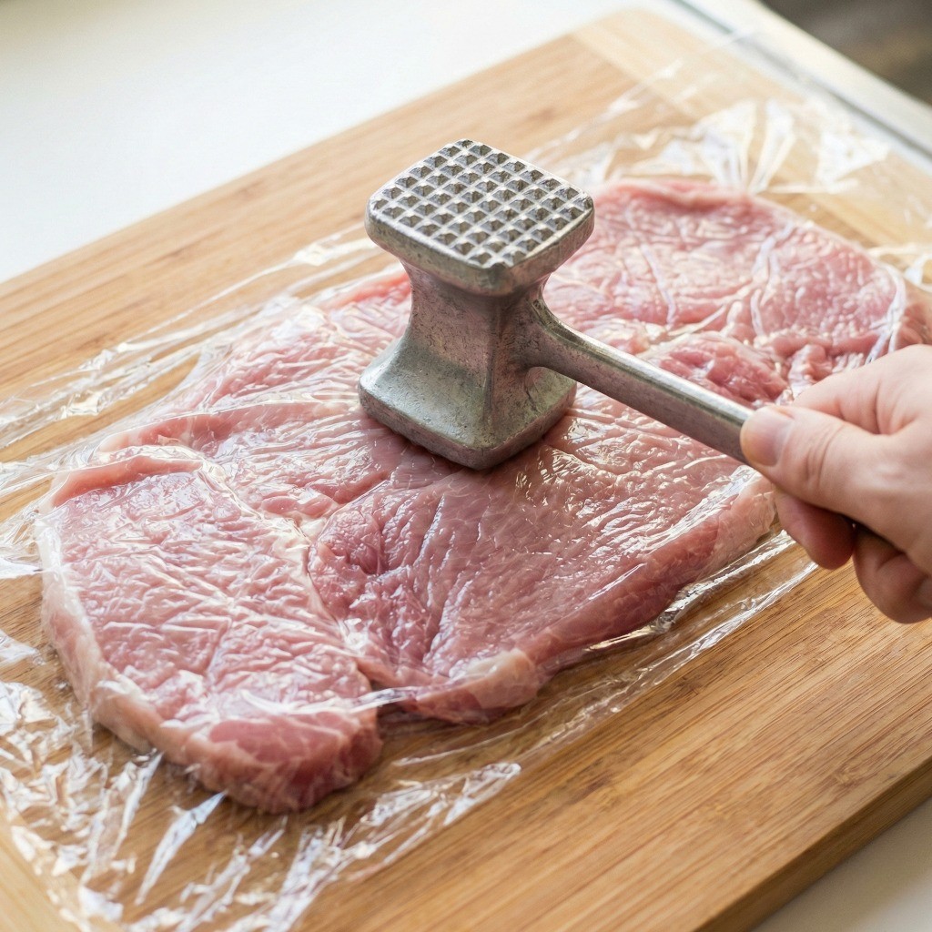 돼지고기 등심에 소금 후추 밑간 후 망치로 두드려 펴는 연육 과정
