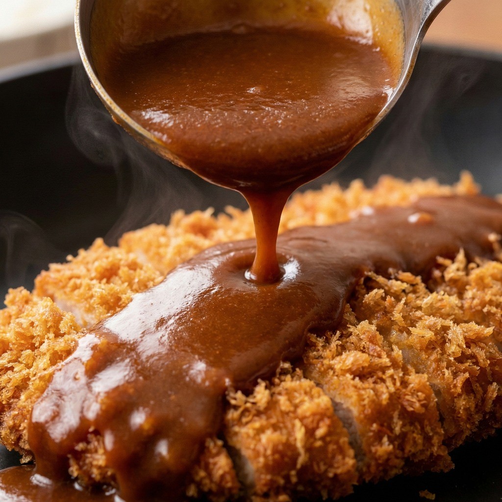 완성된 백종원 옛날 돈가스 소스를 튀긴 고기 위에 뿌리는 모습