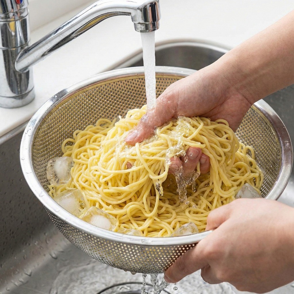 삶은 쫄면 찬물에 헹궈 전분기 제거하기