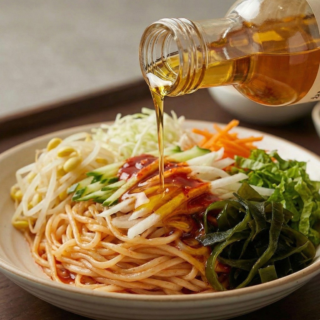 채소와 삶은 달걀을 곁들인 쫄면 플레이팅