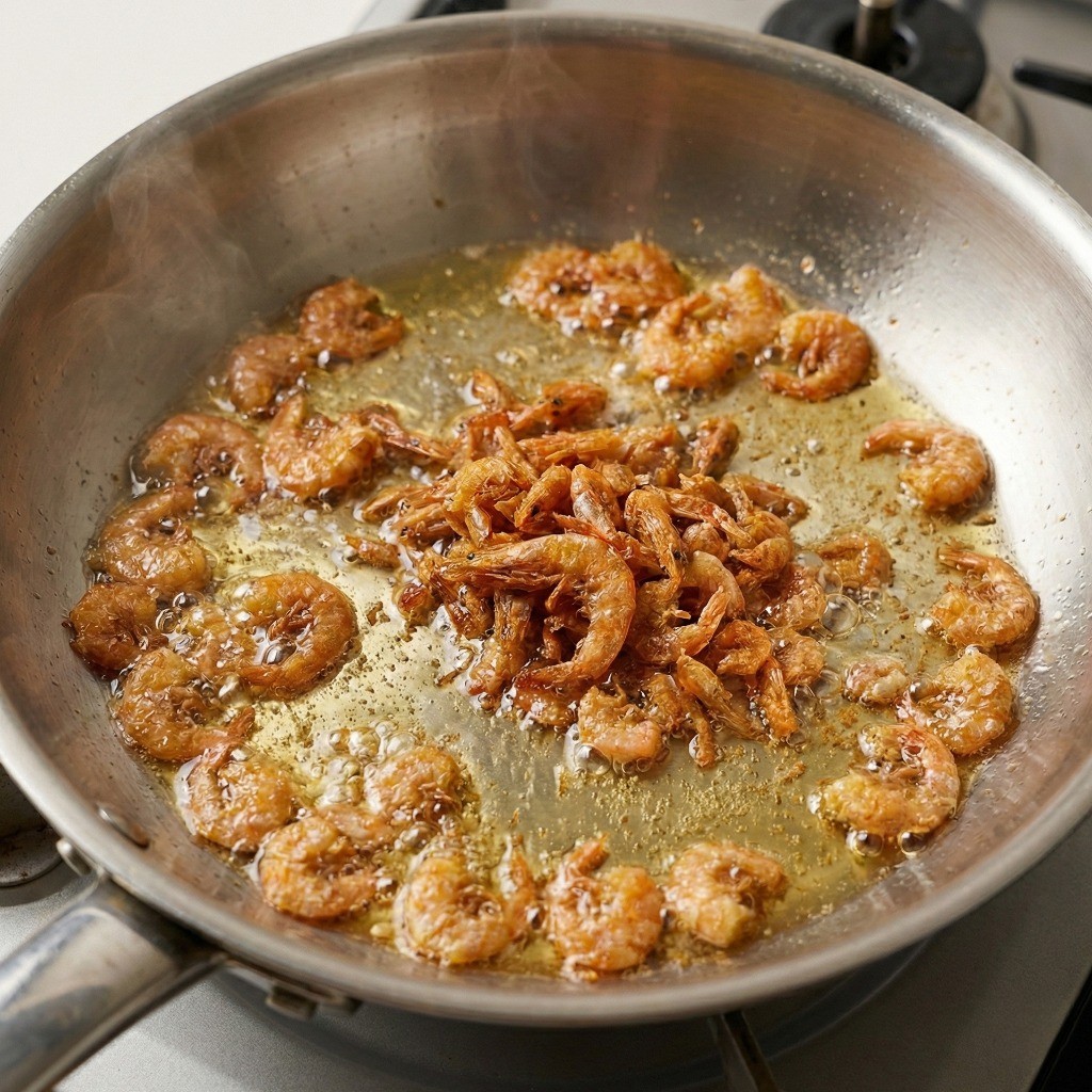 새우 페스토 만들기 과정 - 프라이팬에 식용유, 건새우, 새우젓을 넣고 튀기듯 볶는 모습