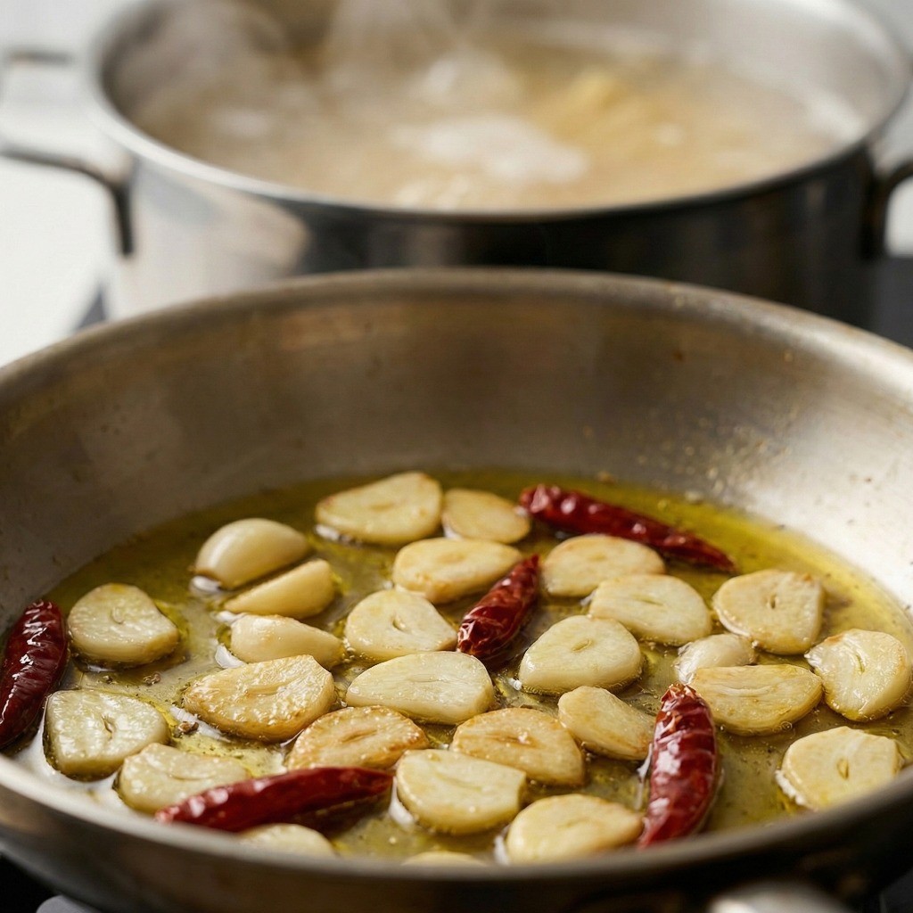 오일 파스타 베이스 만들기 - 올리브유에 편마늘과 페퍼론치노를 노릇하게 볶는 과정