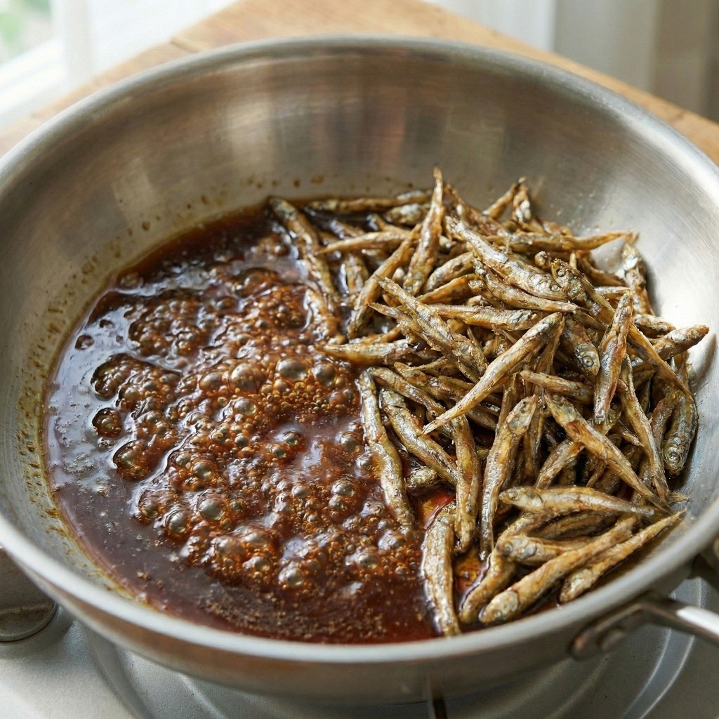 프라이팬 한쪽에서 간장 양념 소스 보글보글 끓여 멸치와 버무리기