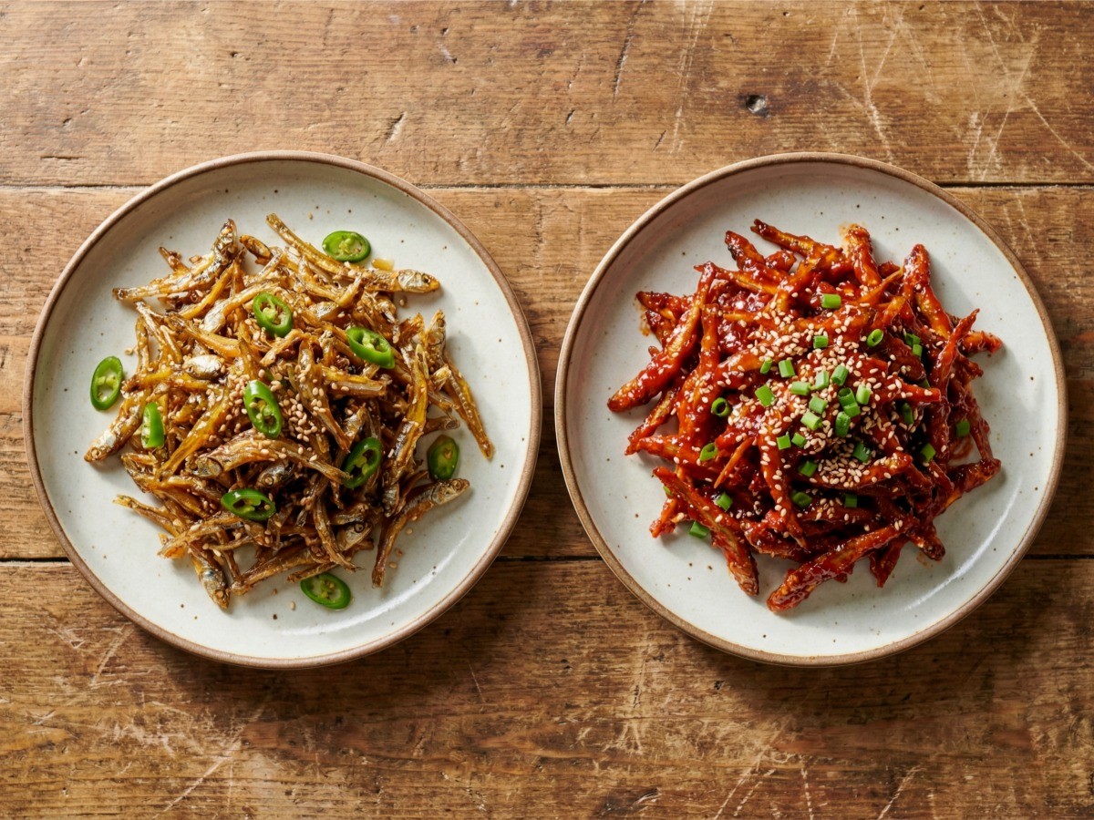 백종원 레시피로 만든 윤기 흐르는 간장 멸치볶음과 매콤한 고추장 멸치볶음 완성 접시