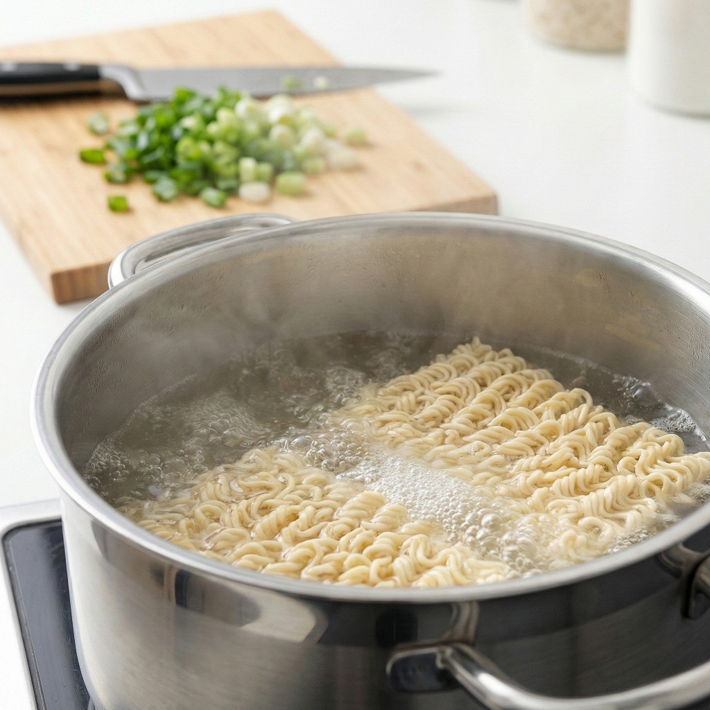 끓는 물에 진비빔면 면을 삶고 대파를 송송 썰어 준비하는 과정