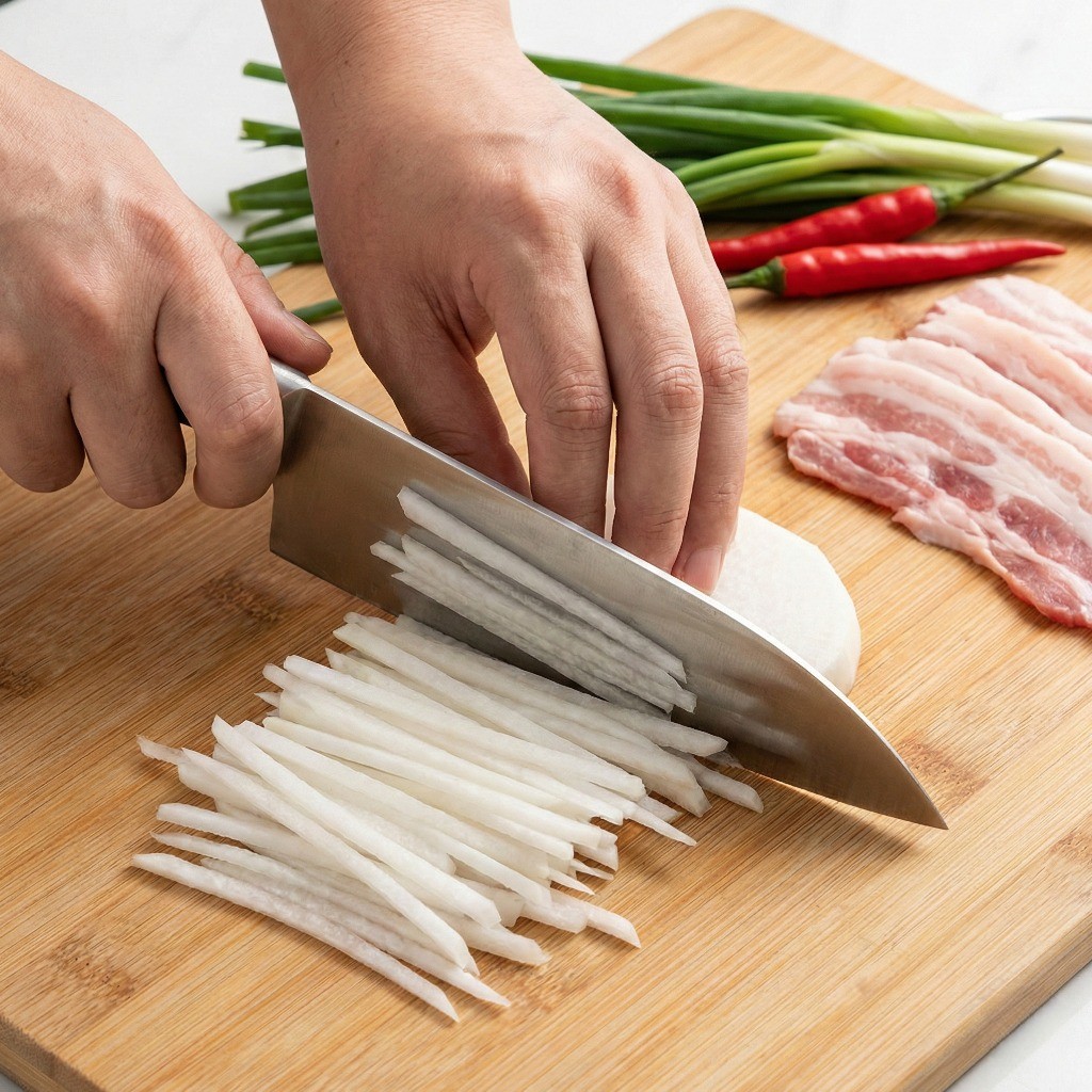 백종원 된장찌개 재료 손질 - 채 썬 무와 대파, 고추