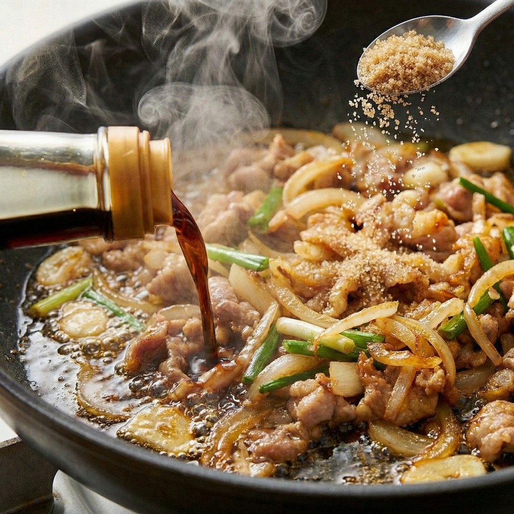 볶음고추장 풍미 살리기: 간장과 설탕을 넣어 불맛 입히는 과정