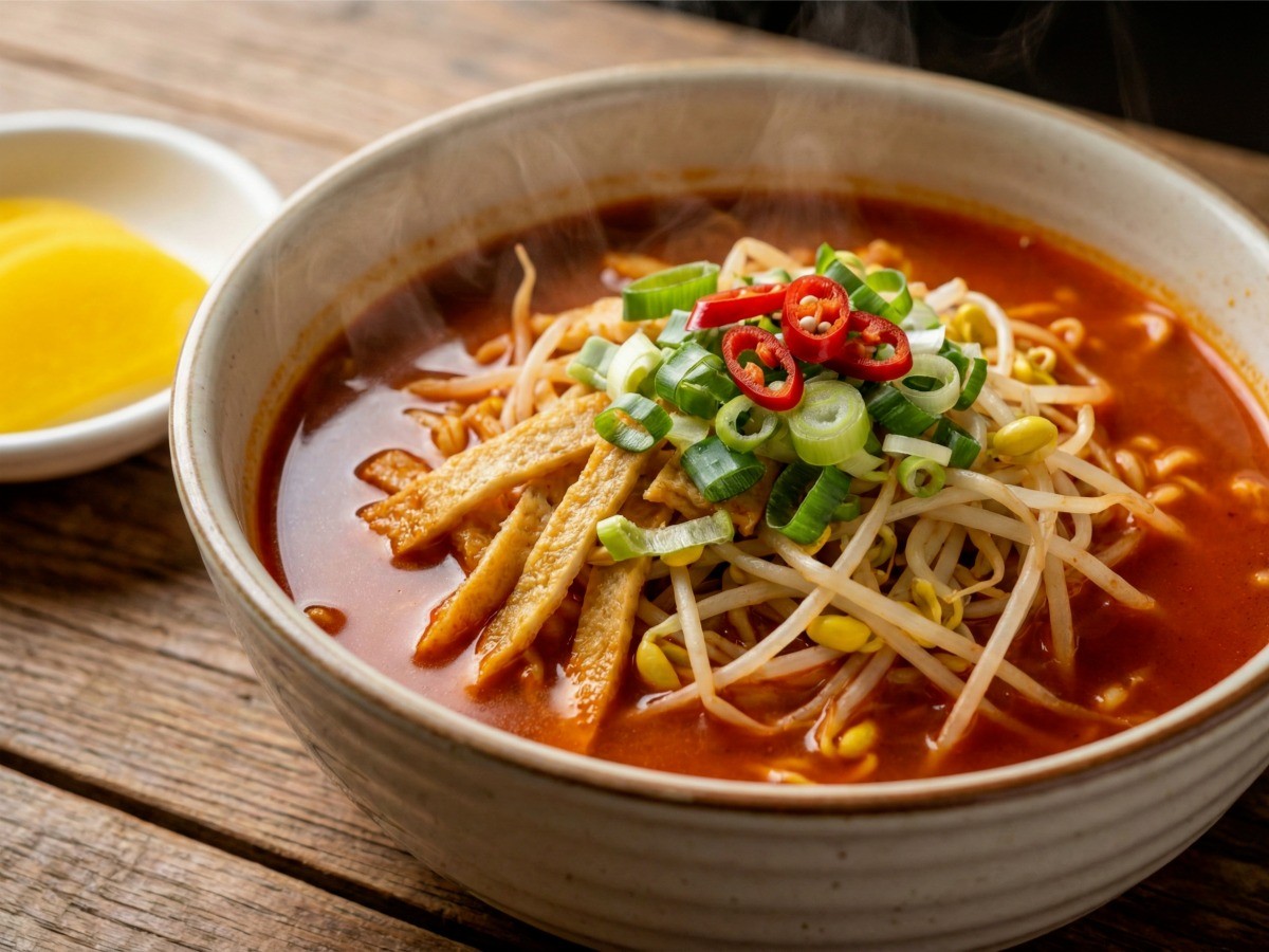 백종원 어묵 듬뿍 라면 완성 사진, 콩나물과 마라 소스를 넣은 얼큰한 해장 라면 레시피