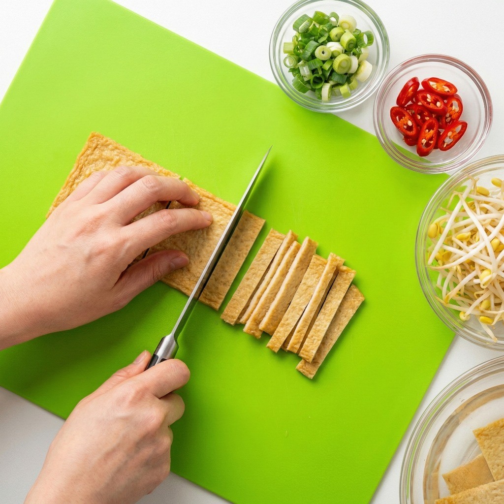 백종원 라면 레시피 재료 손질, 사각 어묵 채 썰기 및 대파 청양고추 준비