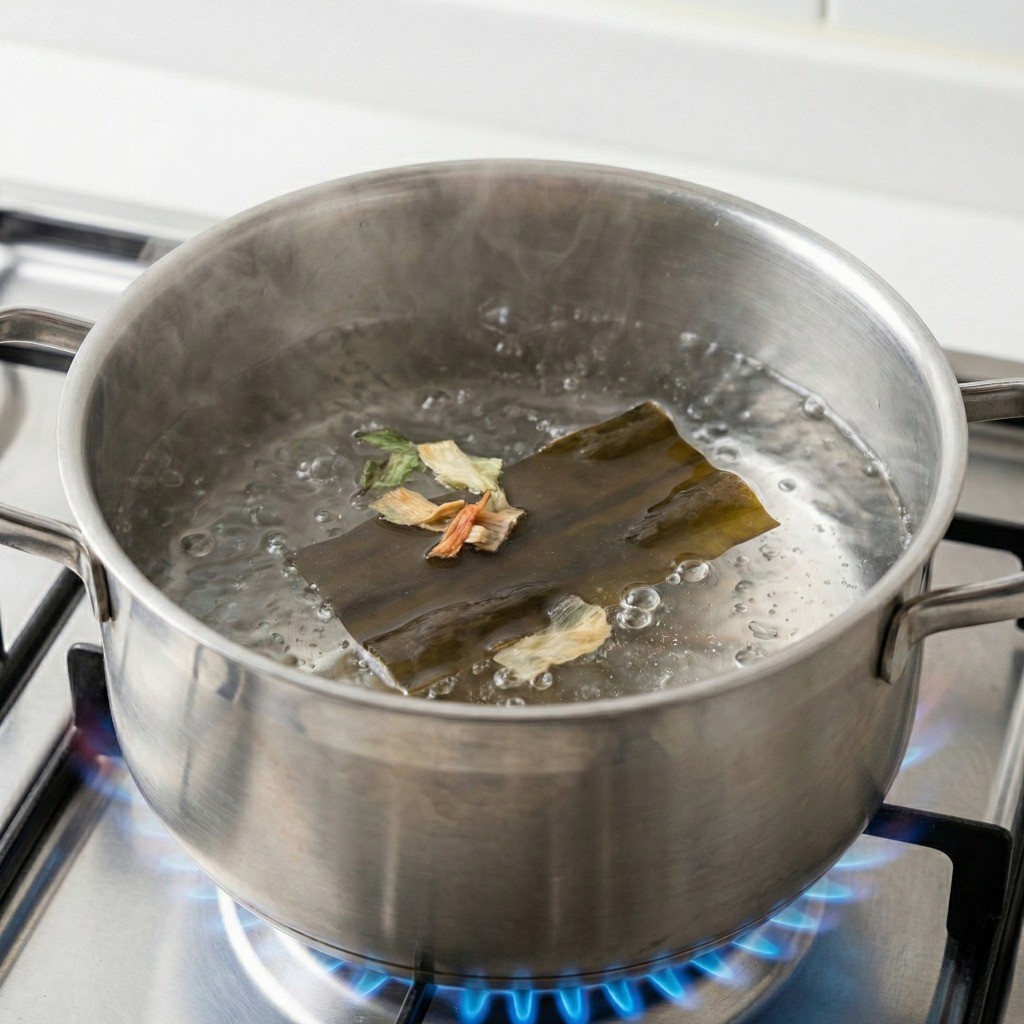 라면 물 끓이기, 다시마와 건더기 스프를 넣고 육수 내는 과정