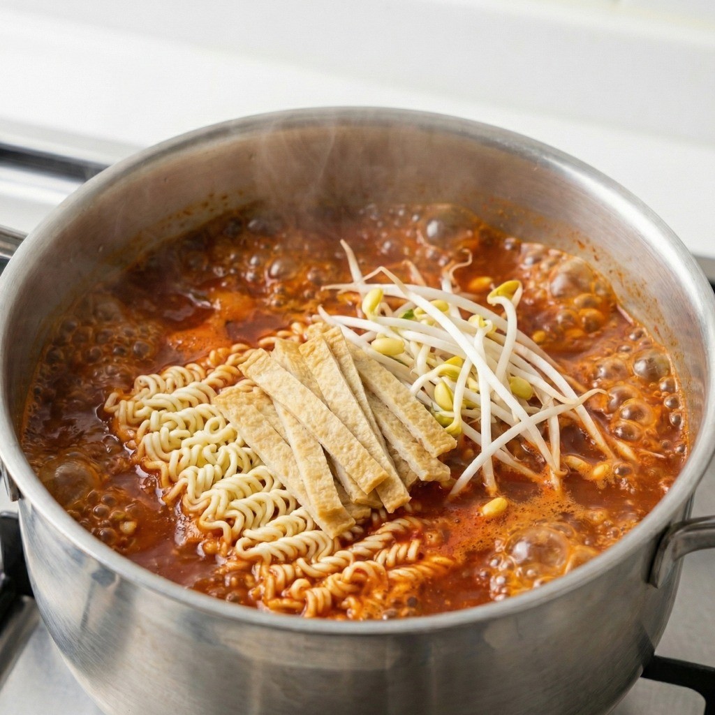 끓는 물에 오동통면과 채 썬 어묵, 콩나물을 넣어 끓이는 모습